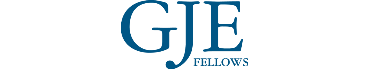 Logo for the GJE Fellows. The logo is text-based and all blue on transparent background. There is all-caps "GJE" lettering followed by a smaller all-caps "Fellows" underneath.